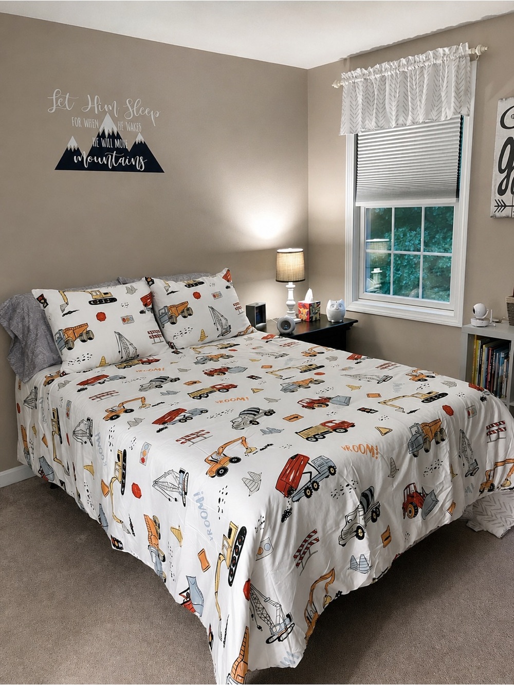 Kids Construction Truck Comforter Set - White with Multicolor Trucks